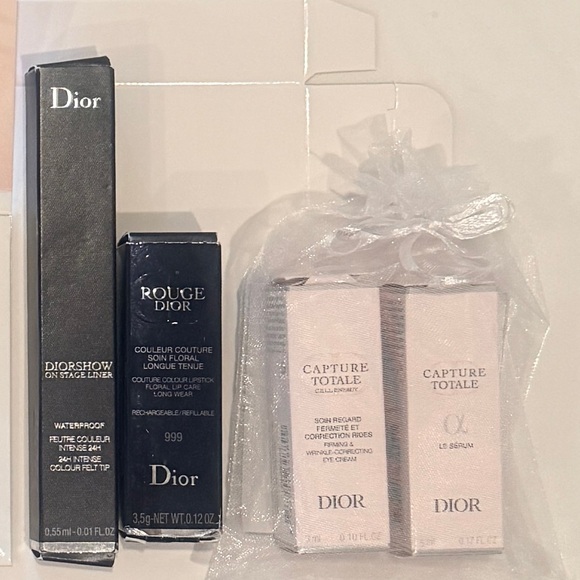 Dior Cream Pouch with Pink Embroidered Accents with Dior lipstick and Eye Liner - Picture 5 of 13